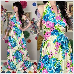 Vintage 1970s Pink and Blue Floral Cotton Open Back Halter Maxi Dress